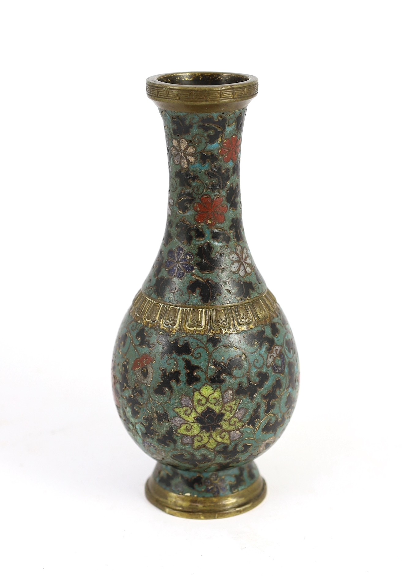 A Chinese cloisonné enamel and gilt bronze baluster vase, 17th/18th century, 19.5cm high, faults